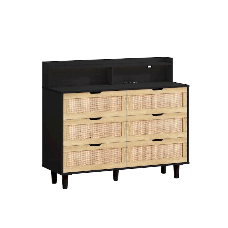 43.316-Commode de rangement en rotin à tiroirs Commode en rotin avec lumières LED et prise de courant, pour chambre, salon