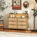 43.316-Commode de rangement en rotin à tiroirs Commode en rotin avec lumières LED et prise de courant, pour chambre, salon