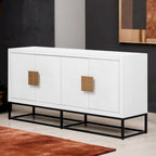 Meuble de style "Luxe Léger" avec pieds de support uniques et étagères réglables, convient pour les salons et les couloirs.