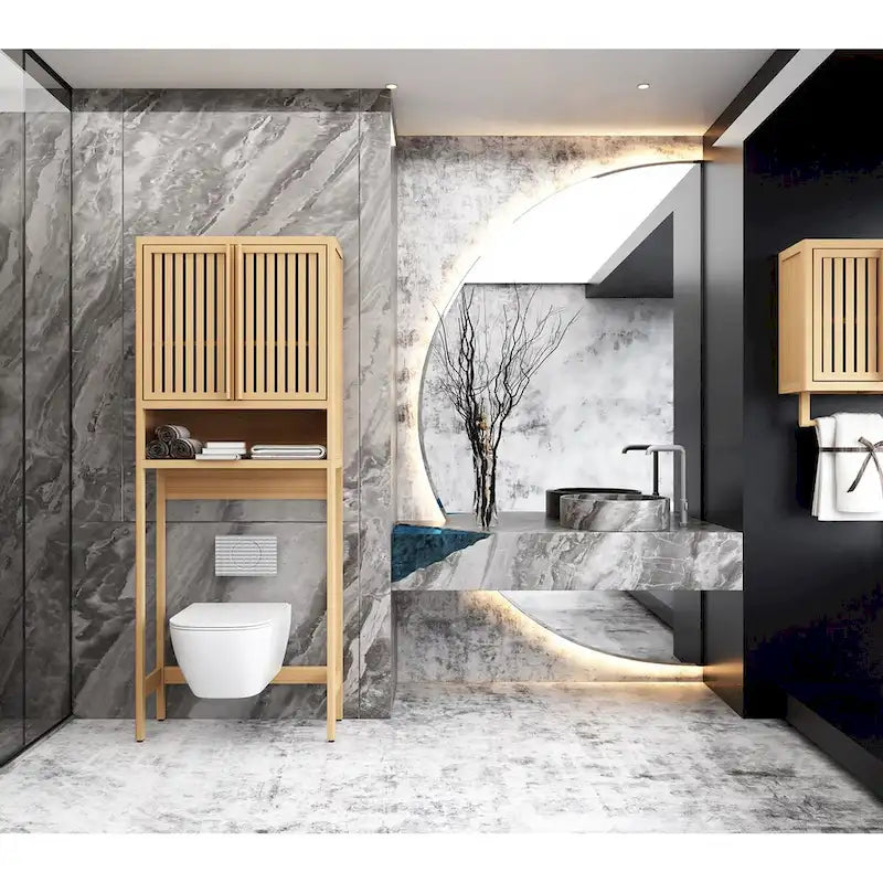 Meuble de salle de bain mural en bambou pour rangement de toilettes