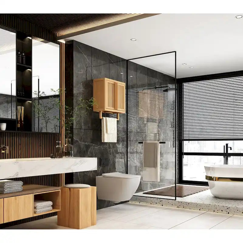 Meuble de salle de bain mural en bambou pour rangement de toilettes