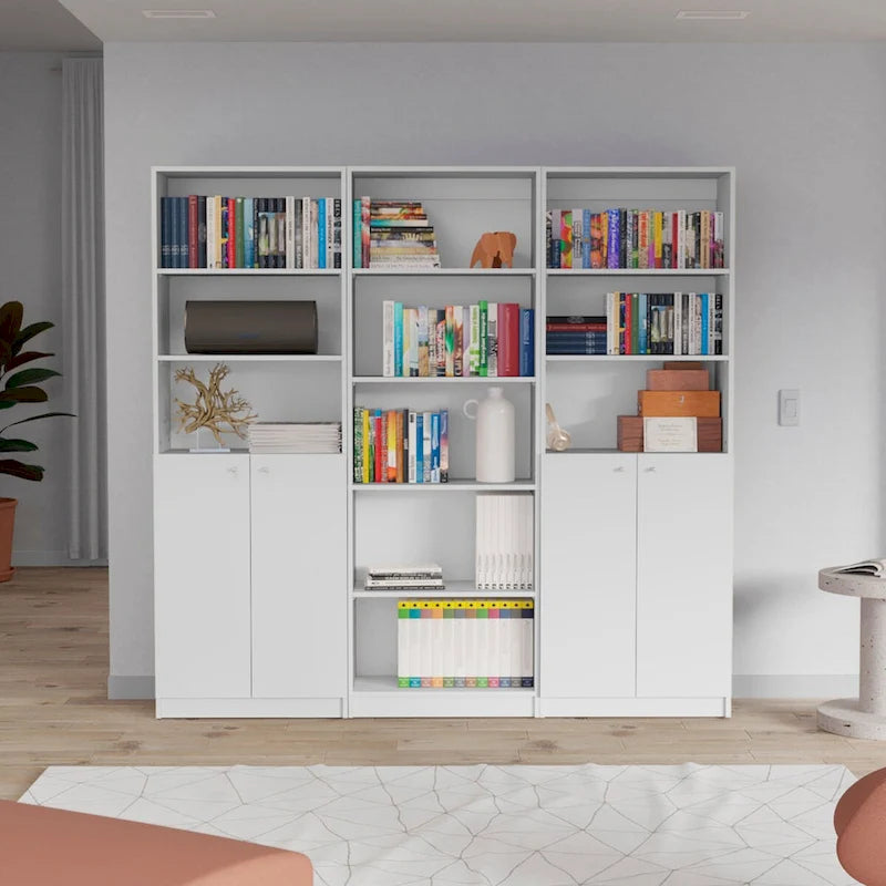 Bibliothèque à double armoire 5 étagères de 74 po de largeur – Ensemble de 3