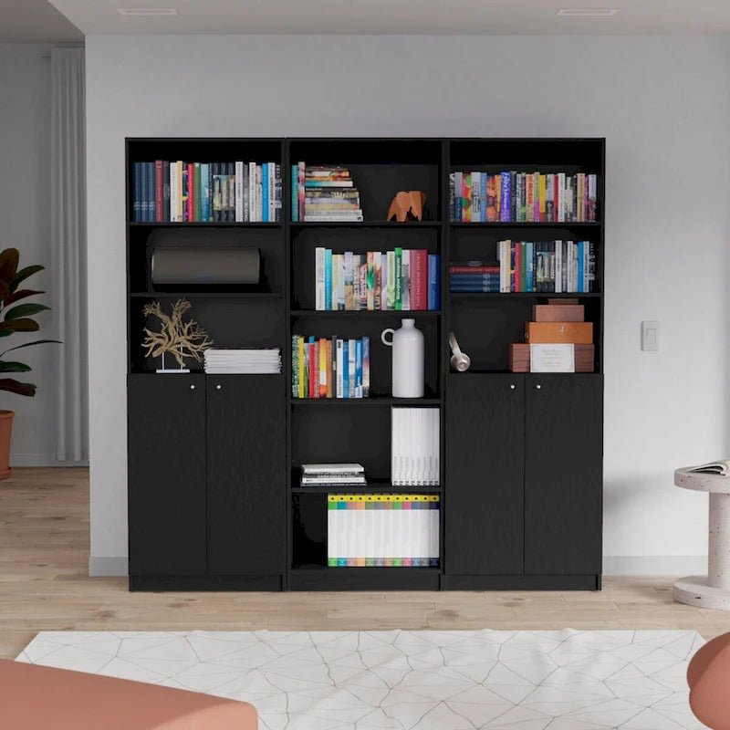 Bibliothèque à double armoire 5 étagères de 74 po de largeur – Ensemble de 3