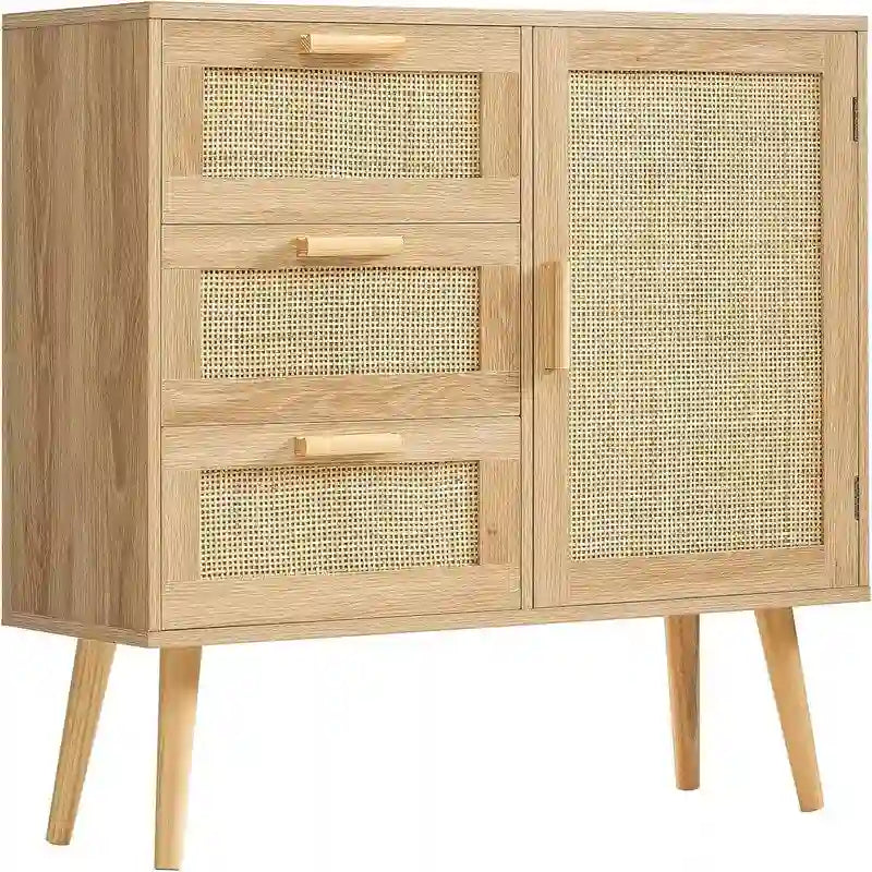 Meuble de rangement avec porte en rotin et 3 tiroirs - 30P x 80L x 78H cm