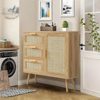 Meuble de rangement avec porte en rotin et 3 tiroirs - 30P x 80L x 78H cm