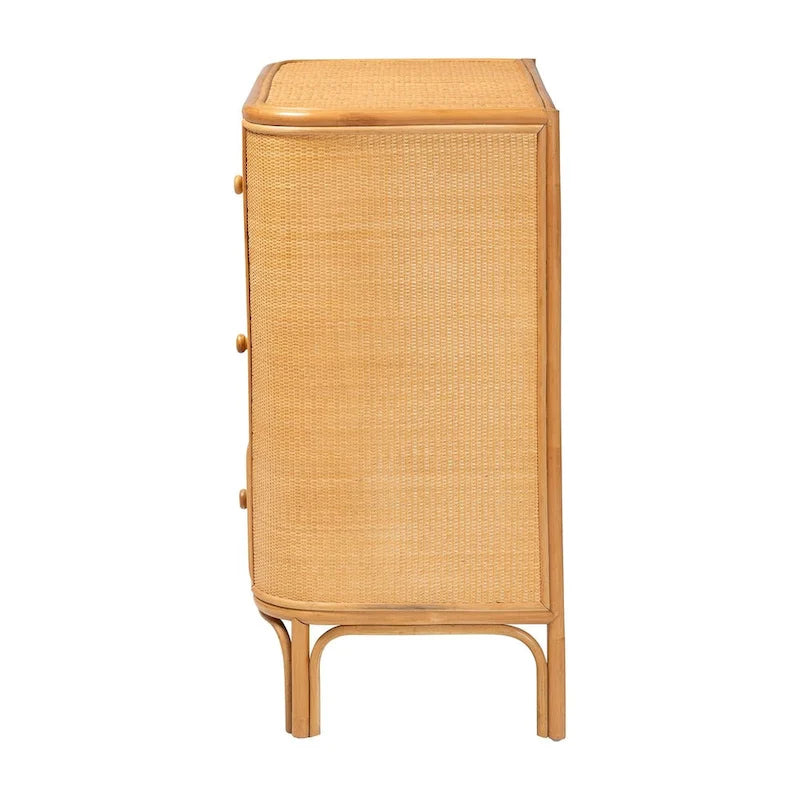 Meuble de rangement bohème en rotin clair à 3 tiroirs