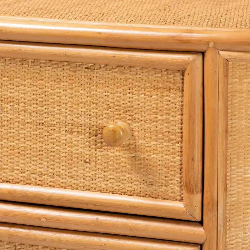 Meuble de rangement bohème en rotin clair à 3 tiroirs