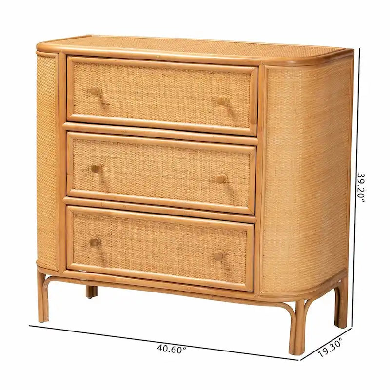 Meuble de rangement bohème en rotin clair à 3 tiroirs