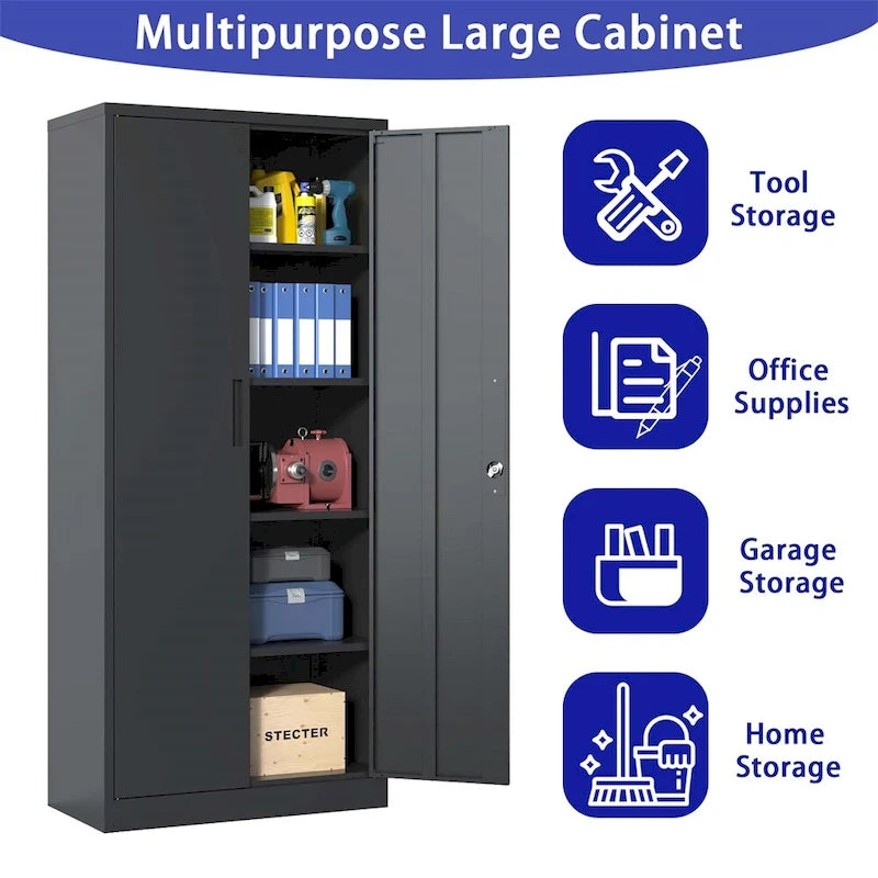 Meuble de rangement de garage en métal, armoire à outils en acier avec portes et 4 étagères