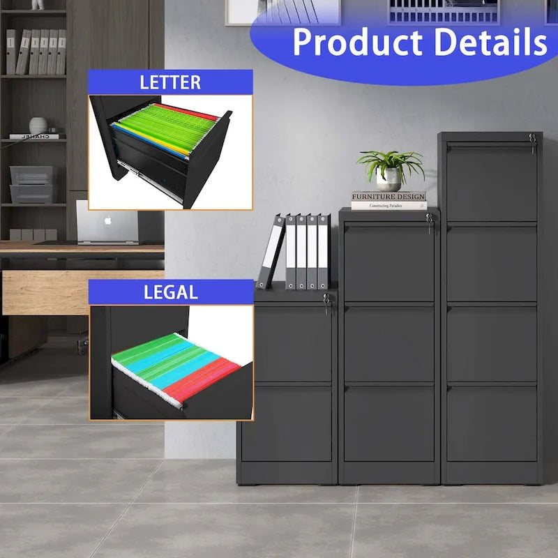 Meuble de classement vertical en métal à 4 tiroirs de 38 cm de large avec serrure, pour le bureau ou la maison, format A4/Legal/Lettre