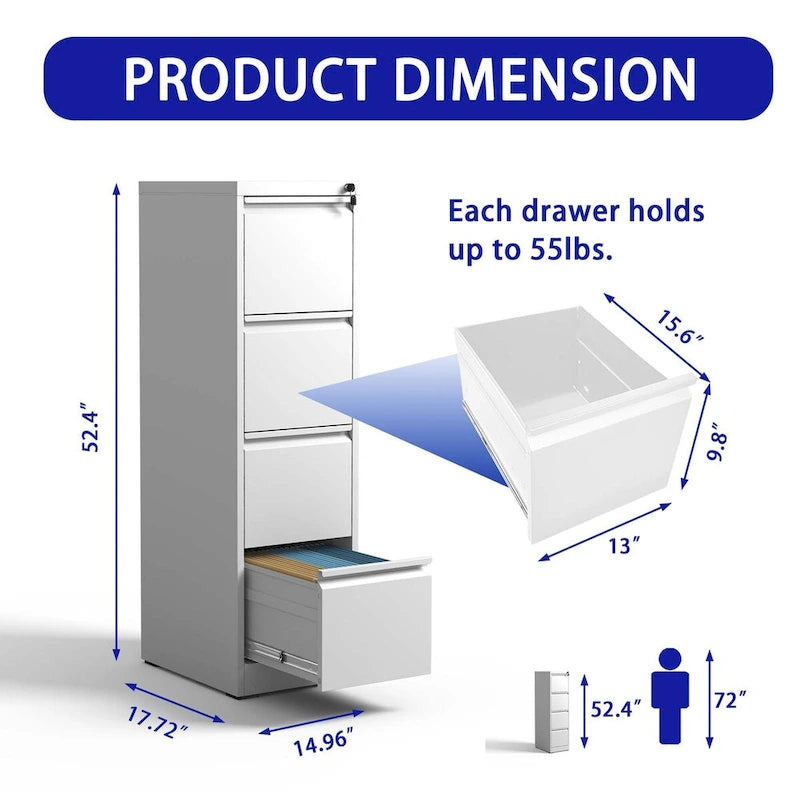 Meuble de classement vertical en métal à 4 tiroirs de 38 cm de large avec serrure, pour le bureau ou la maison, format A4/Legal/Lettre