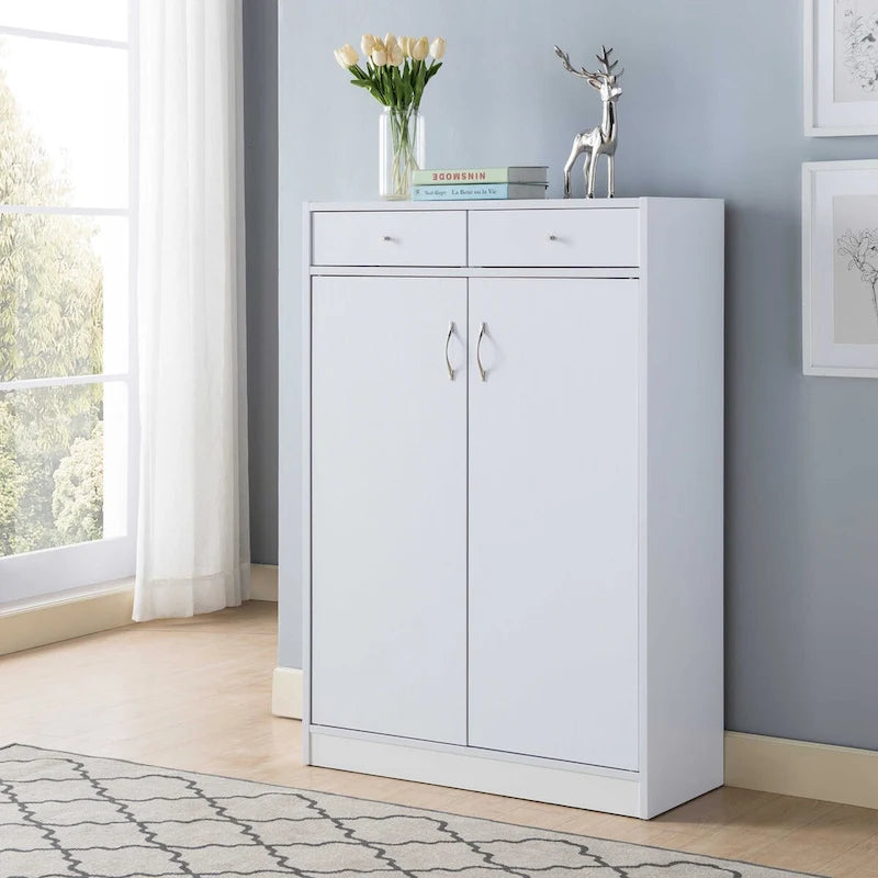 White Shoe Storage Cabinet with Fives Shelves, Two Drawers, Fits 15 Pairs of Shoes
