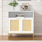 Anmytek Modern 2-Door White Wood Rattan Buffet Sideboard Kitchen Storage Cabinet with Adjustable Shelf