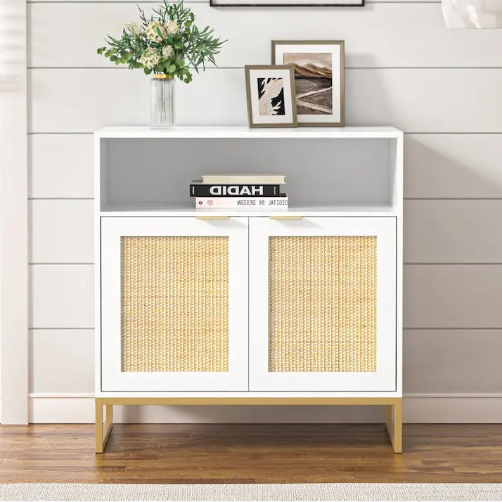 Anmytek Modern 2-Door White Wood Rattan Buffet Sideboard Kitchen Storage Cabinet with Adjustable Shelf