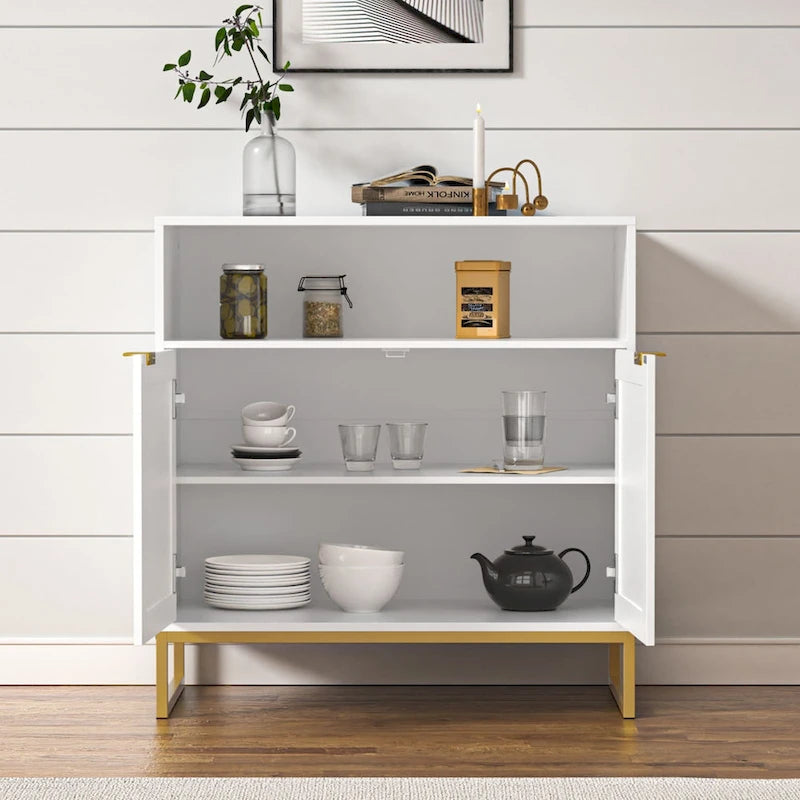 Buffet bahut moderne en bois blanc et rotin à 2 portes avec étagère réglable