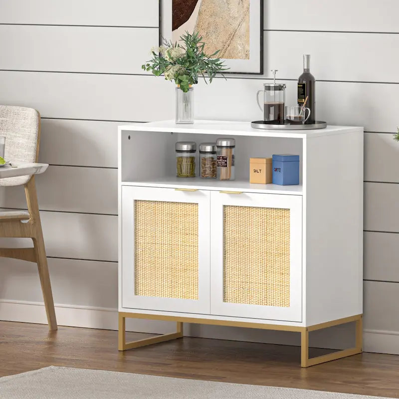 Buffet bahut moderne en bois blanc et rotin à 2 portes avec étagère réglable