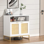 Buffet bahut moderne en bois blanc et rotin à 2 portes avec étagère réglable
