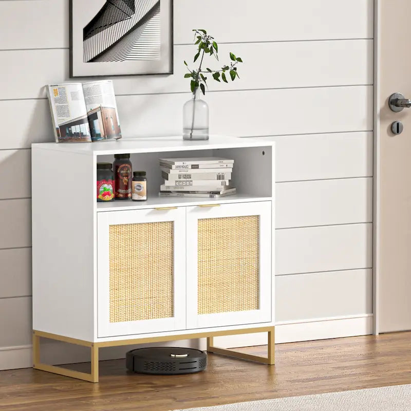 Buffet bahut moderne en bois blanc et rotin à 2 portes avec étagère réglable