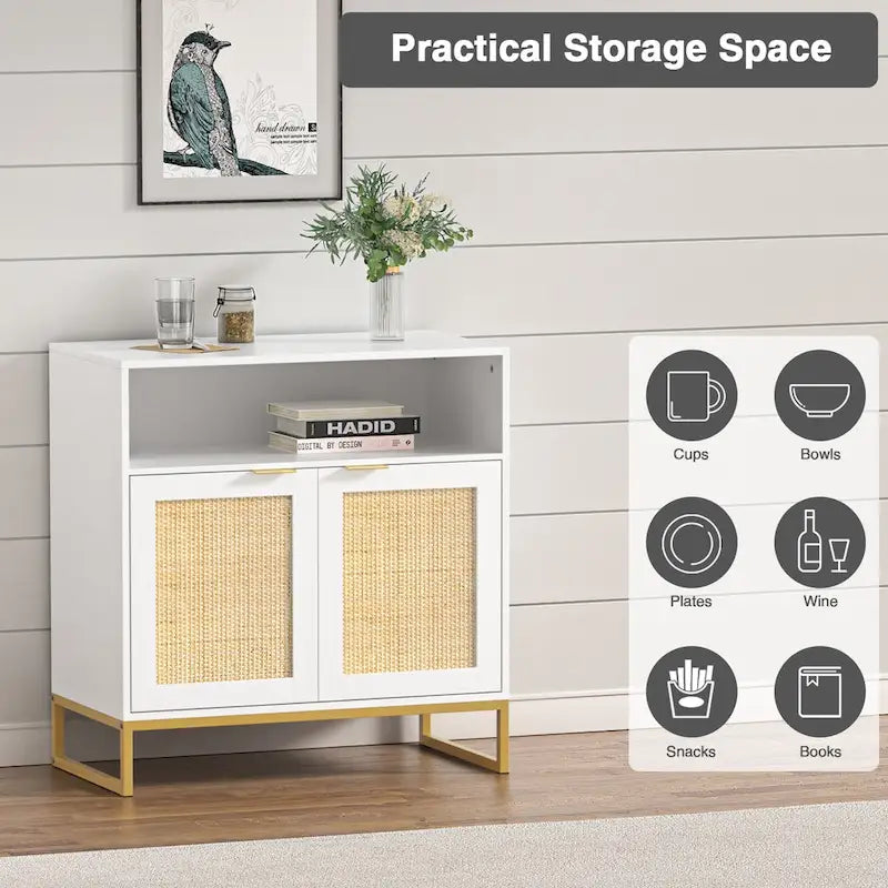 Buffet bahut moderne en bois blanc et rotin à 2 portes avec étagère réglable