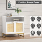 Buffet bahut moderne en bois blanc et rotin à 2 portes avec étagère réglable