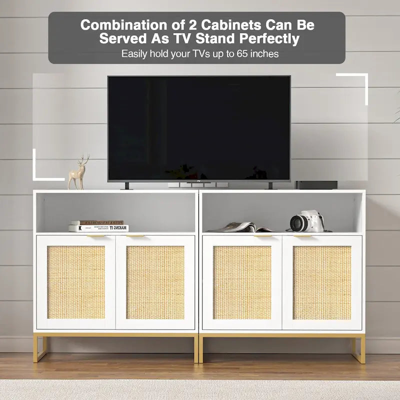 Buffet bahut moderne en bois blanc et rotin à 2 portes avec étagère réglable
