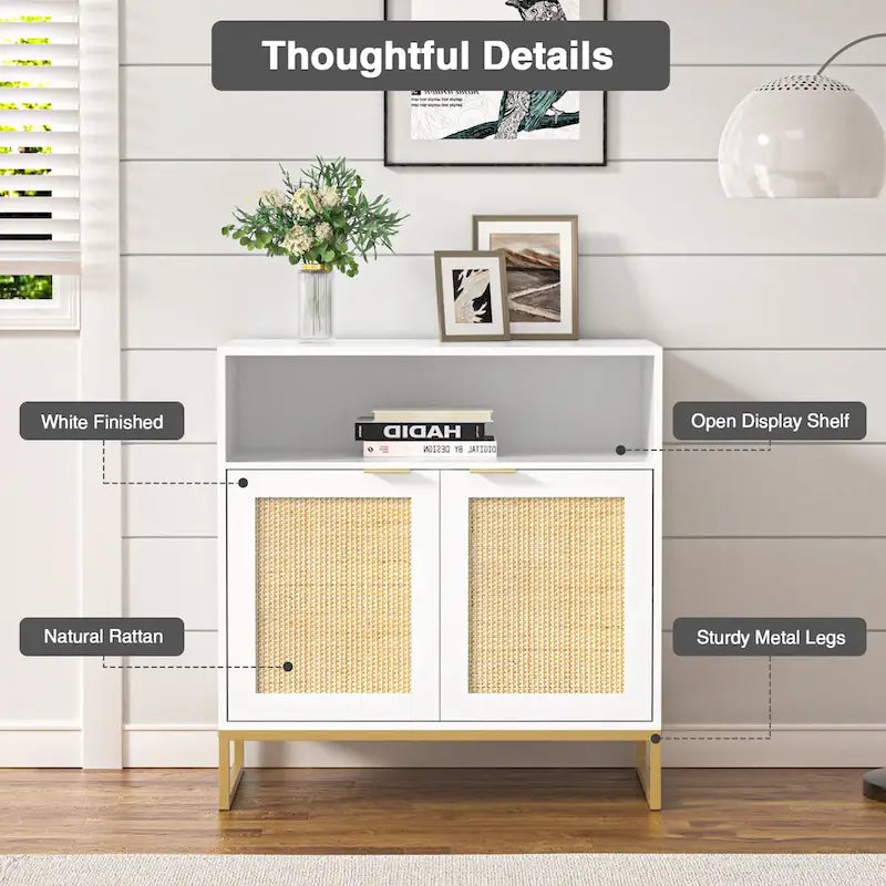 Buffet bahut moderne en bois blanc et rotin à 2 portes avec étagère réglable