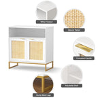Buffet bahut moderne en bois blanc et rotin à 2 portes avec étagère réglable