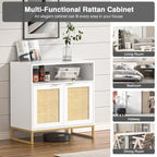 Buffet bahut moderne en bois blanc et rotin à 2 portes avec étagère réglable