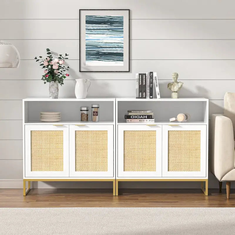 Buffet bahut moderne en bois blanc et rotin à 2 portes avec étagère réglable