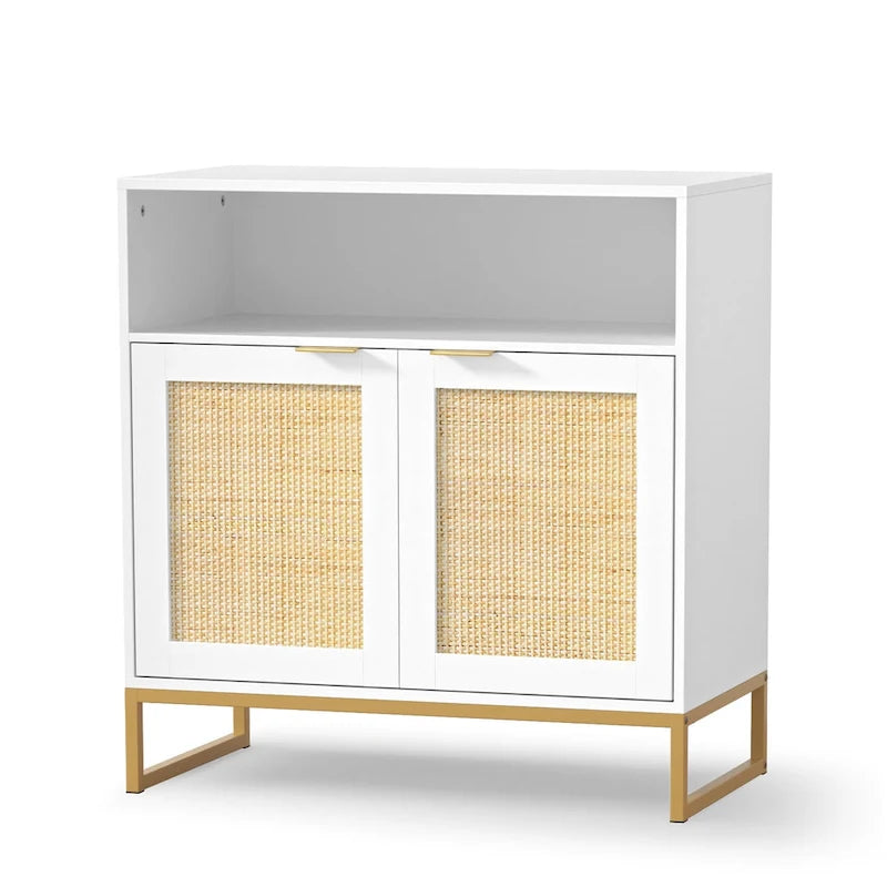 Buffet bahut moderne en bois blanc et rotin à 2 portes avec étagère réglable