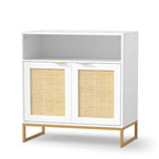 Buffet bahut moderne en bois blanc et rotin à 2 portes avec étagère réglable