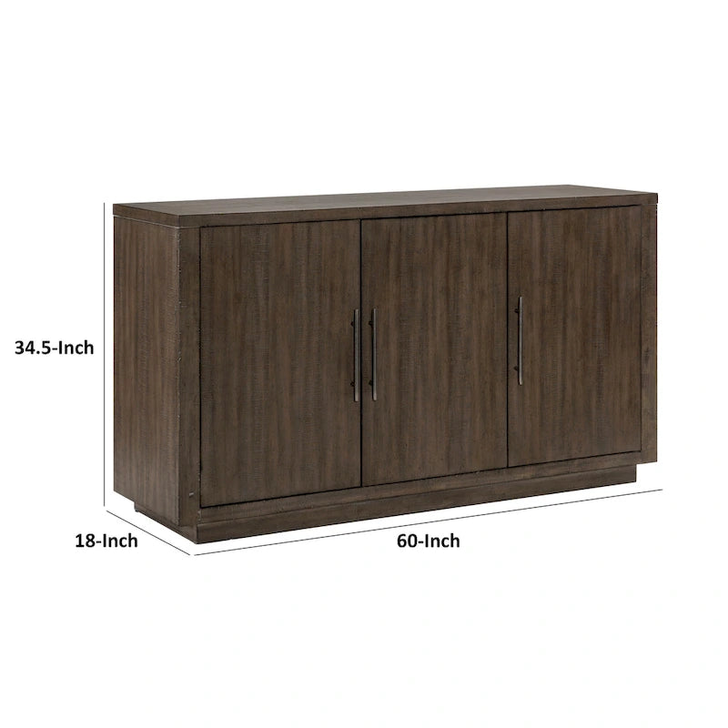 Buffet bahut de 60 po, marron et étain, 3 portes, étagères réglables