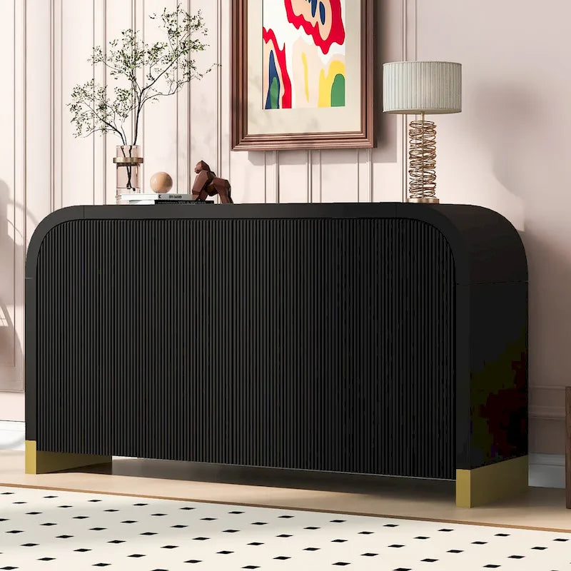 Meuble de rangement 4 portes à coins arrondis et panneaux de portes ondulés, avec étagères réglables