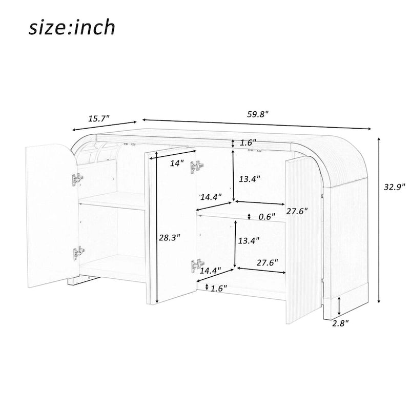 Meuble de rangement 4 portes à coins arrondis et panneaux de portes ondulés, avec étagères réglables