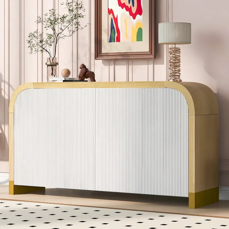 Meuble de rangement 4 portes à coins arrondis et panneaux de portes ondulés, avec étagères réglables