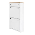 Meuble d'entrée avec 2 tiroirs basculants, meuble à chaussures avec plateau en bois et tiroir, étagère à chaussures autoportante avec panneau réglable, blanc