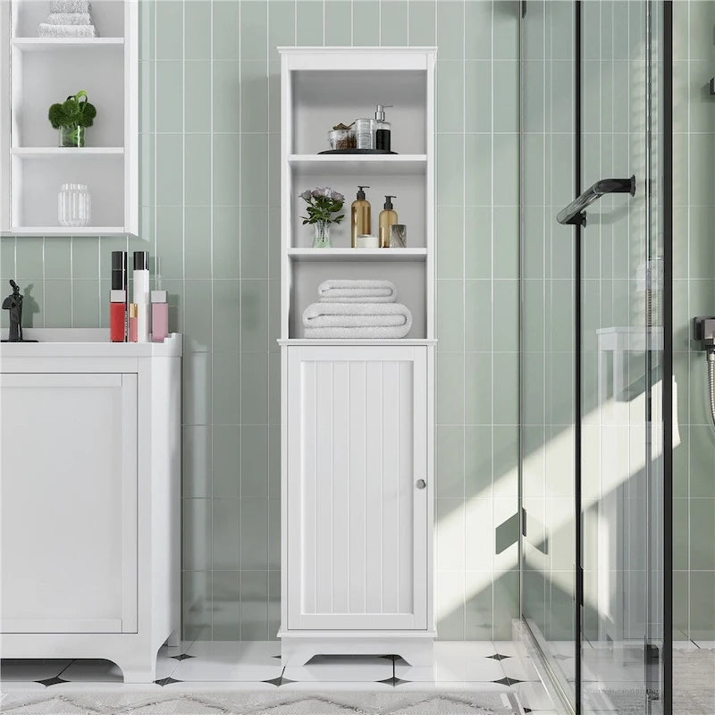 Meuble de salle de bain en bois avec porte simple et étagères