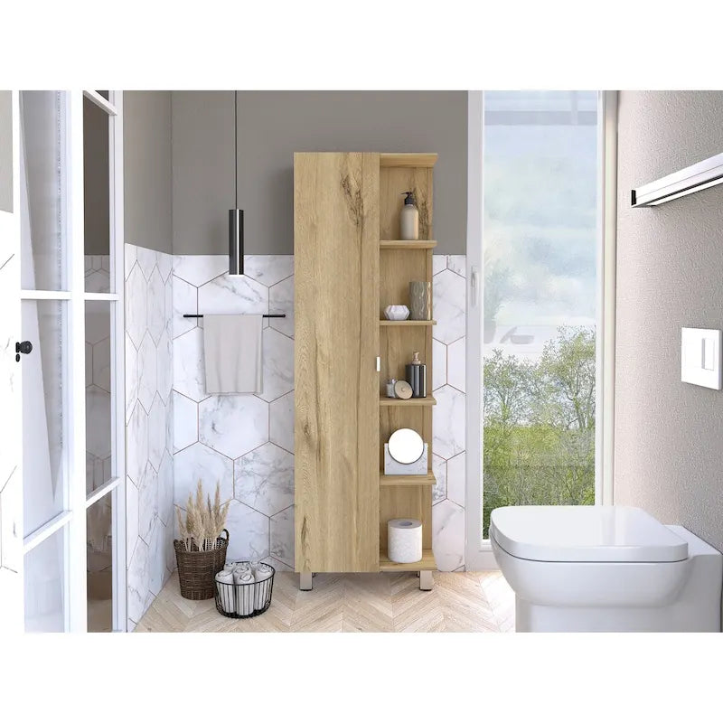 Armoire de toilette avec miroir - 4 étagères intérieures et 5 étagères extérieures, Chêne fumé