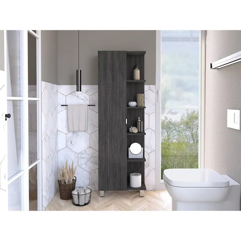 Armoire de toilette avec miroir - 4 étagères intérieures et 5 étagères extérieures, Chêne fumé