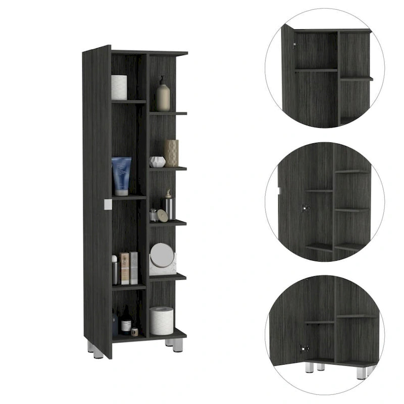 Armoire de toilette avec miroir - 4 étagères intérieures et 5 étagères extérieures, Chêne fumé