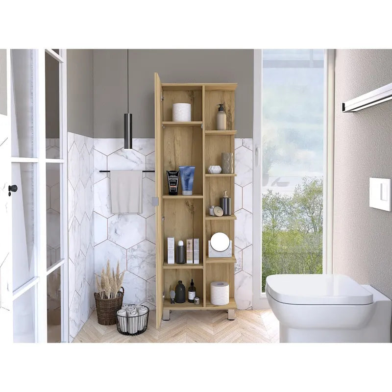 Armoire de toilette avec miroir - 4 étagères intérieures et 5 étagères extérieures, Chêne fumé