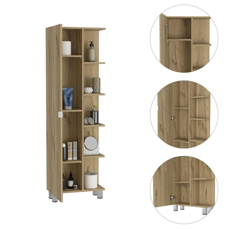 Armoire de toilette avec miroir - 4 étagères intérieures et 5 étagères extérieures, Chêne fumé
