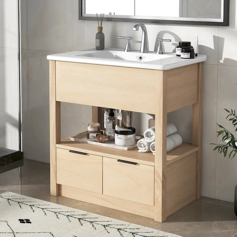 Meuble bas de salle de bain avec étagère ouverte et deux tiroirs
