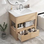 Meuble bas de salle de bain avec étagère ouverte et deux tiroirs