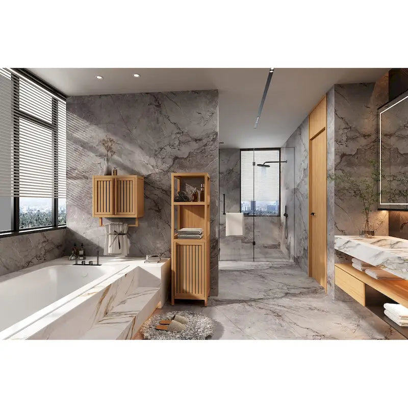 Meuble de rangement multifonctionnel en bambou de grande capacité pour salle de bain