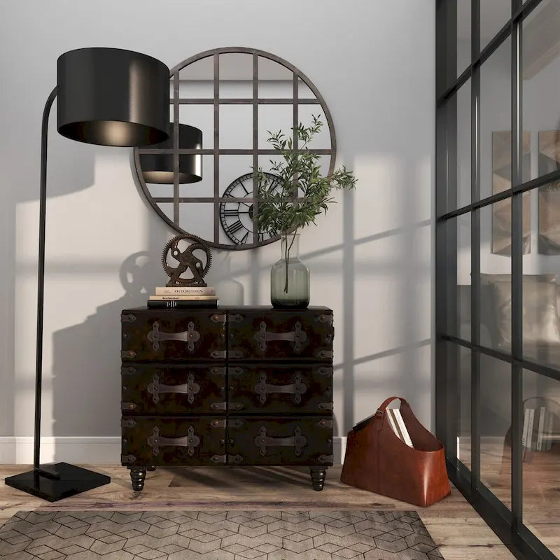 Coffre de rangement vintage en similicuir avec rivets et sangles - Noir