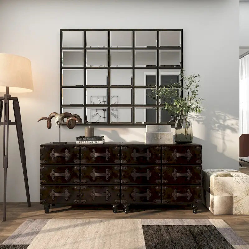 Coffre de rangement vintage en similicuir avec rivets et sangles - Noir