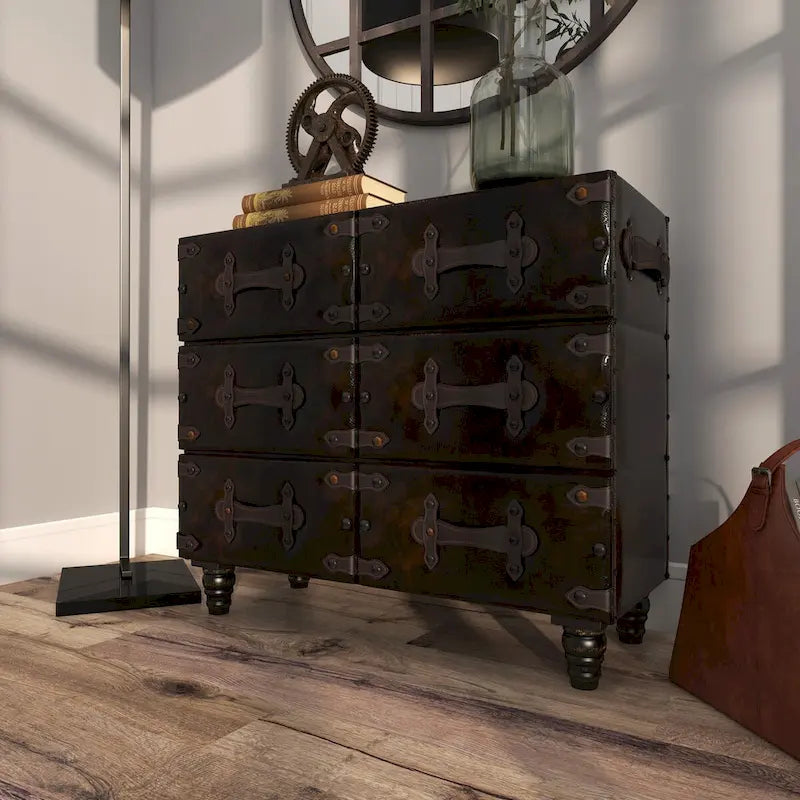 Coffre de rangement vintage en similicuir avec rivets et sangles - Noir