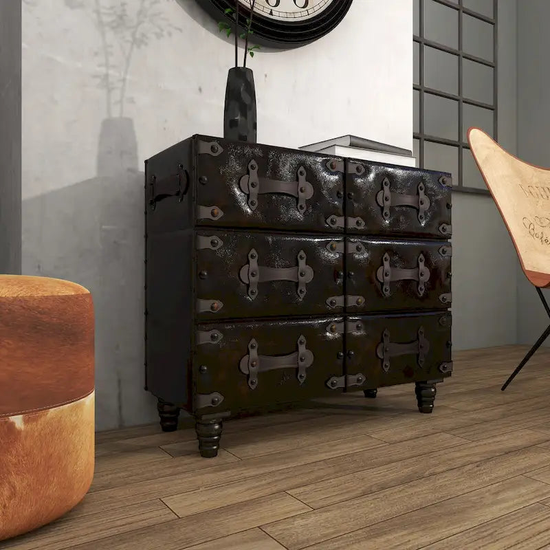 Coffre de rangement vintage en similicuir avec rivets et sangles - Noir