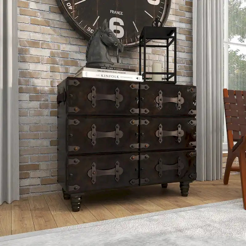 Coffre de rangement vintage en similicuir avec rivets et sangles - Noir